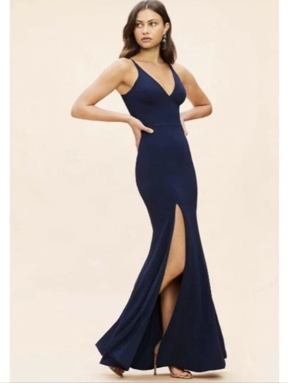 Dress the Population Womens Formal Dress Gown Iris High Slit V Neck Long Navy XS